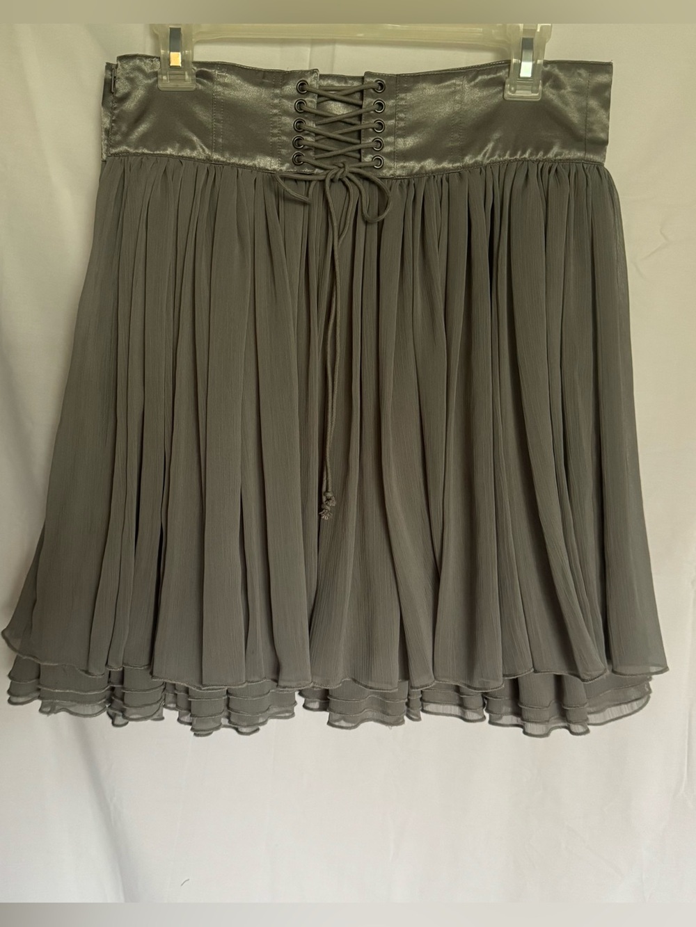 Flowy Pleated Mini Skirt Zippered With Corset Tie Gray Boho Size 10